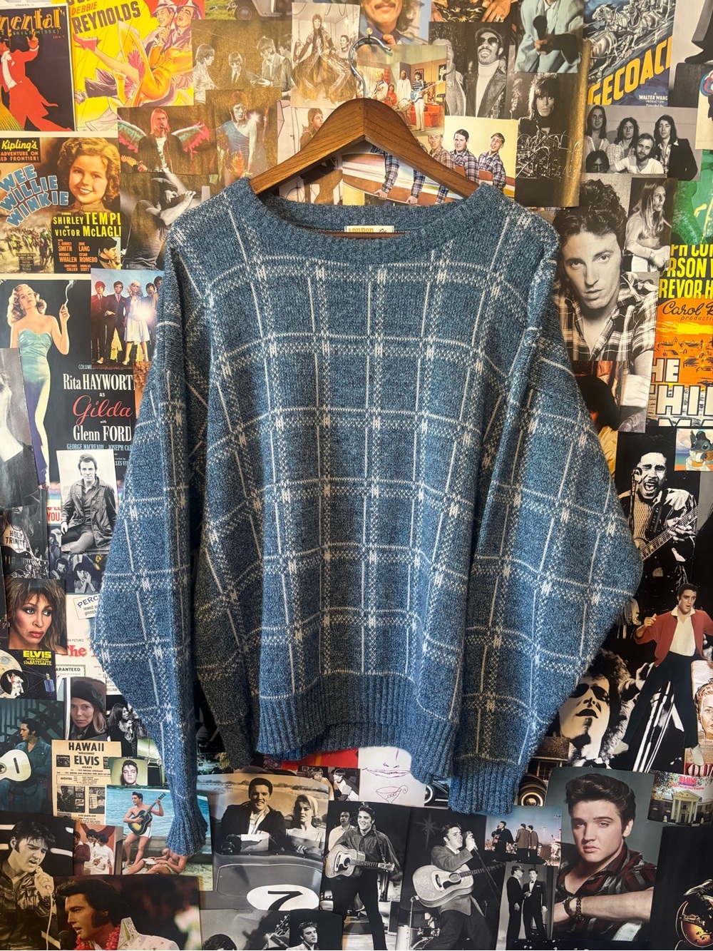 Crewneck Windowpane Knit Sweater in Blue